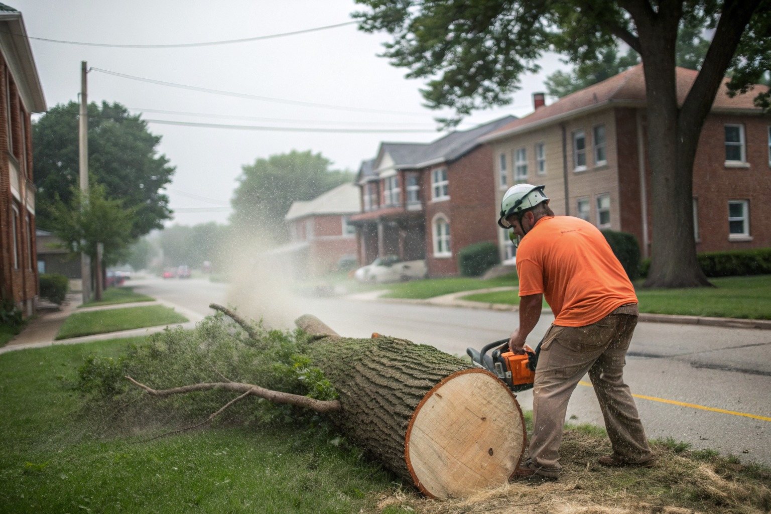 A chainsaw cutting through a felled trunk, sawdust spraying