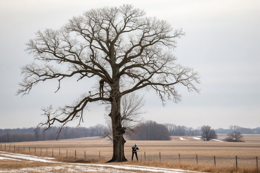 A climber roped into the spreading crown of a mature oak