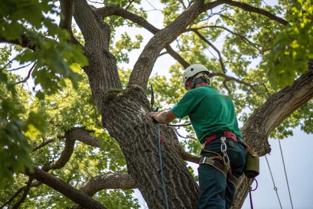 A climber in a helmet and safety glasses roped in against a trunk, reaching for a limb