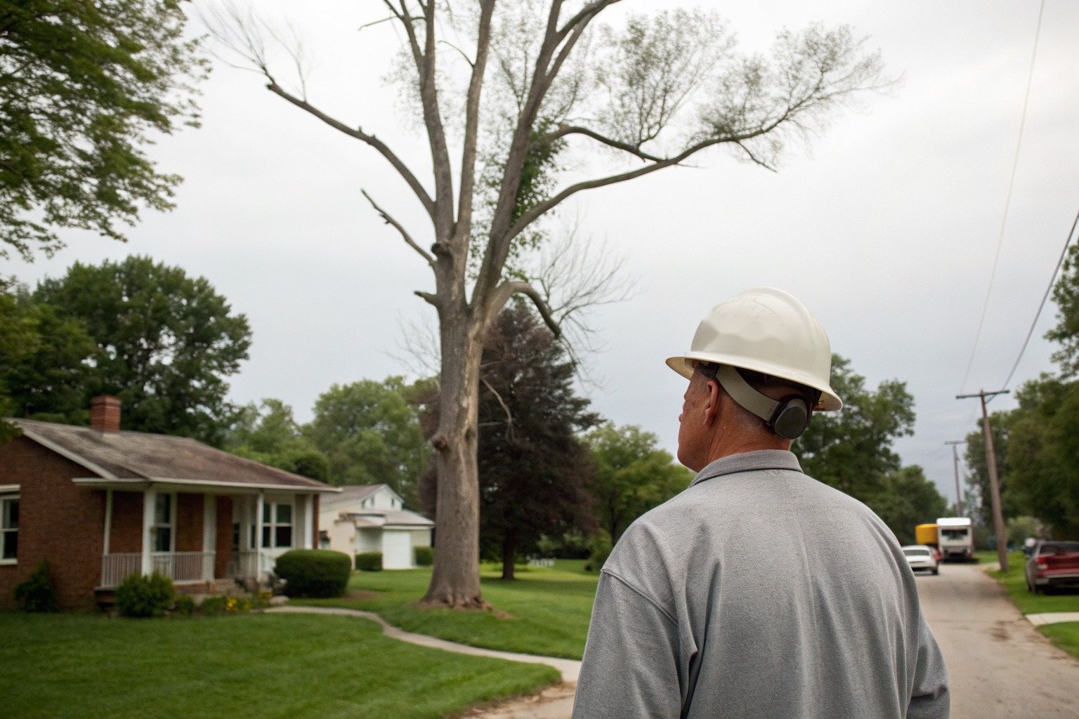 A worker in a hard hat, seen from behind, looking up into a tall hardwood on a front lawn