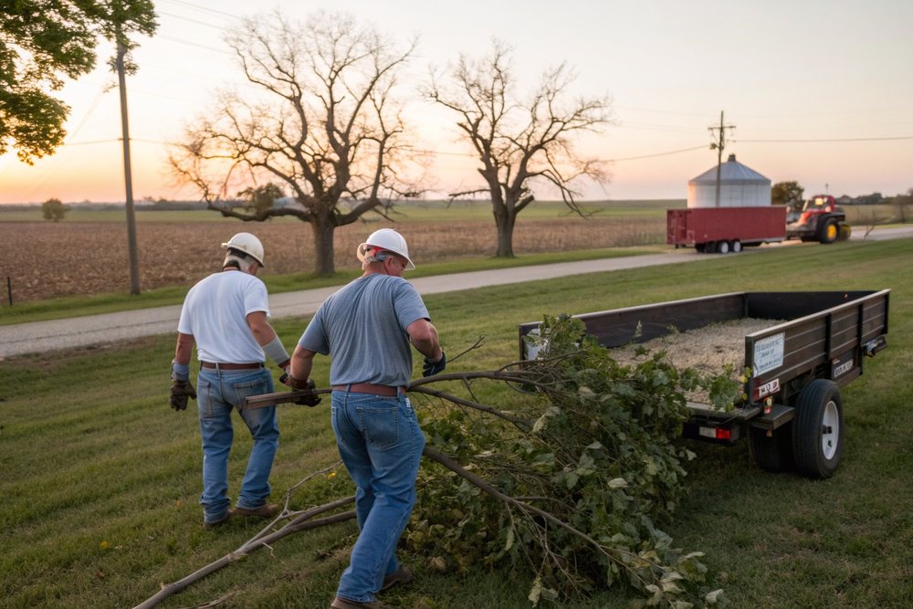 Workers dragging cut limbs across a front lawn toward a trailer at the curb