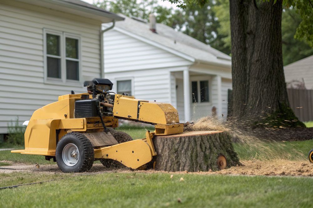 A stump grinder wheel cutting into a stump in a lawn, wood chips flying