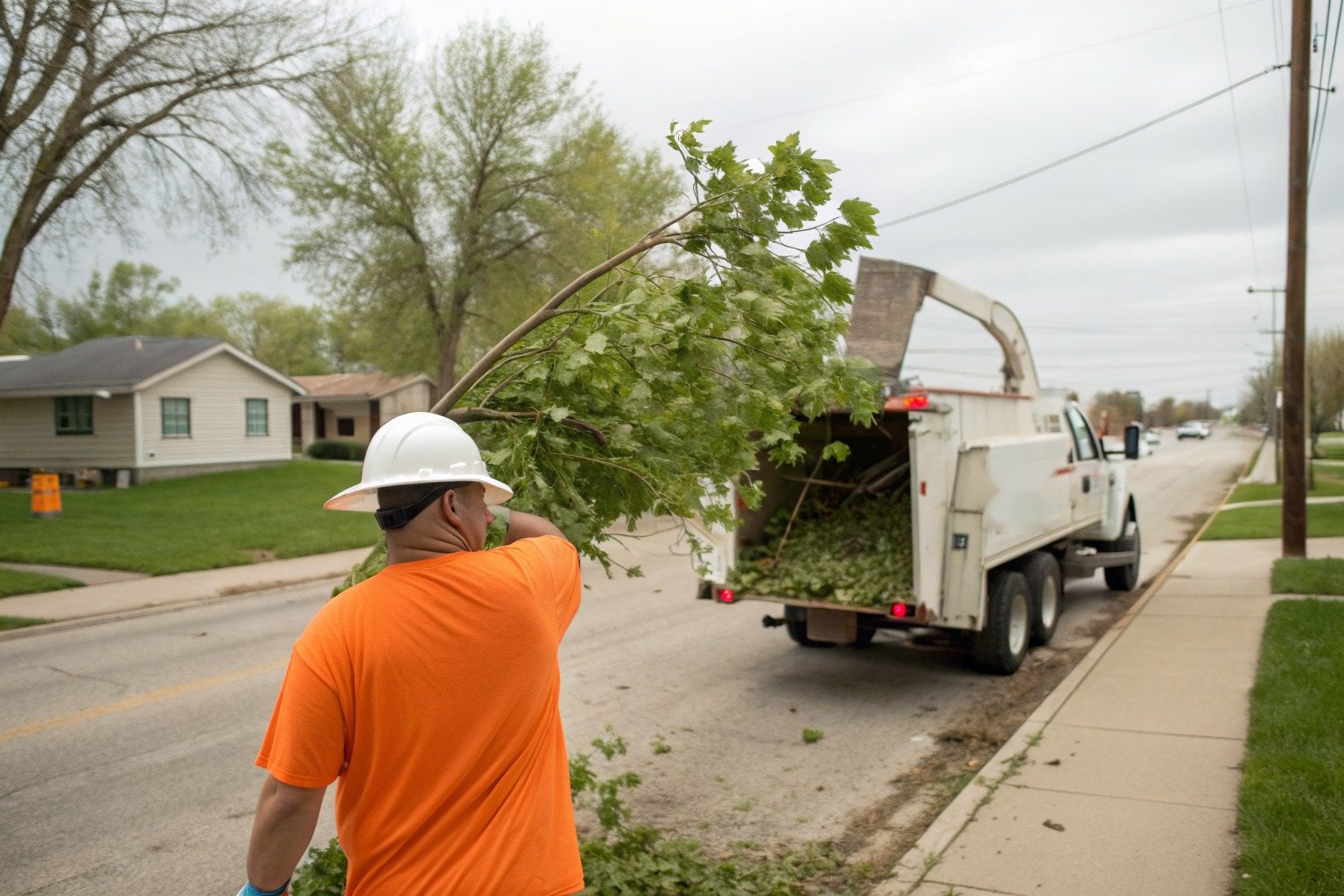 Limbs being fed into a wood chipper at the curb